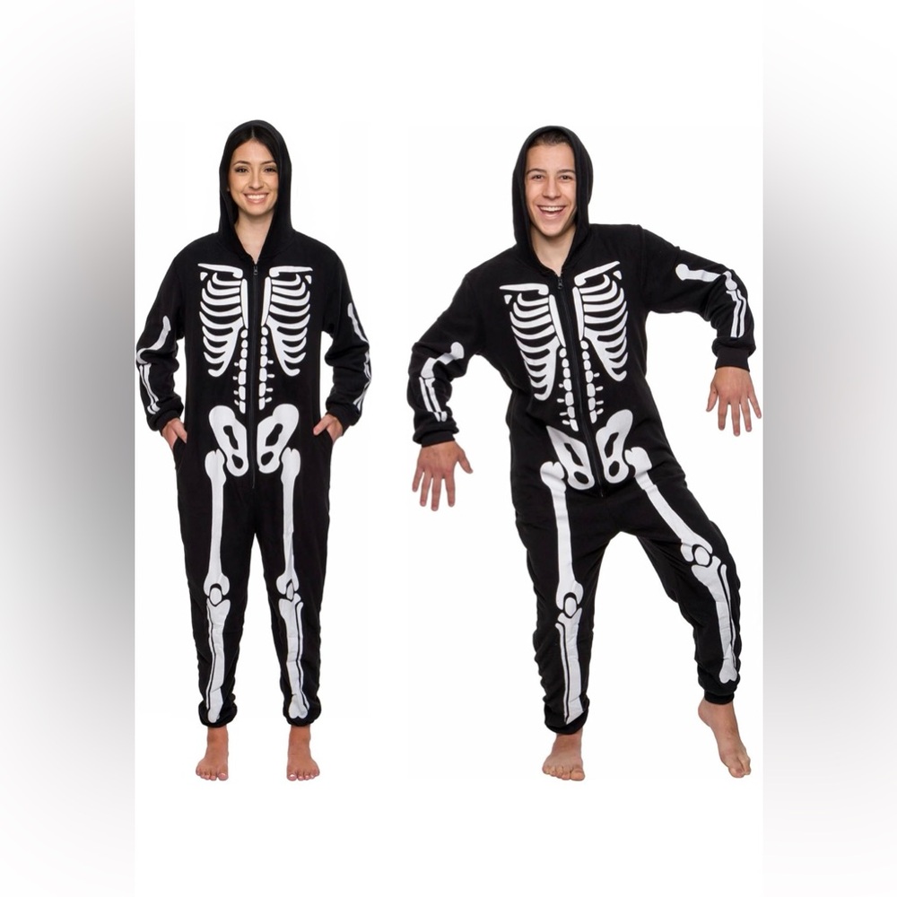 SALE! SKELETON ONESIE Plush Hoodie Adult Spooky Cute Pajamas Cozy Jumpsuit M L